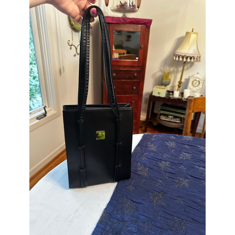 MCM Black Leather Gold Logo Tall Tote Bag - Picture 2 of 13